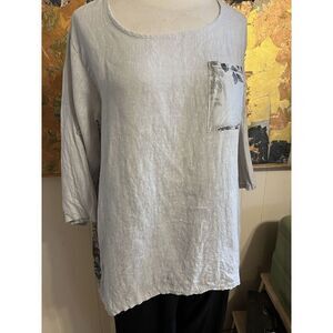 Kaktus Italy Womens Large Art to Wear Gray Floral Silk Linen Tunic High Low Hem